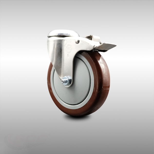5 Inch 316SS Maroon Polyurethane Swivel Bolt Hole Caster with Total Lock Brake